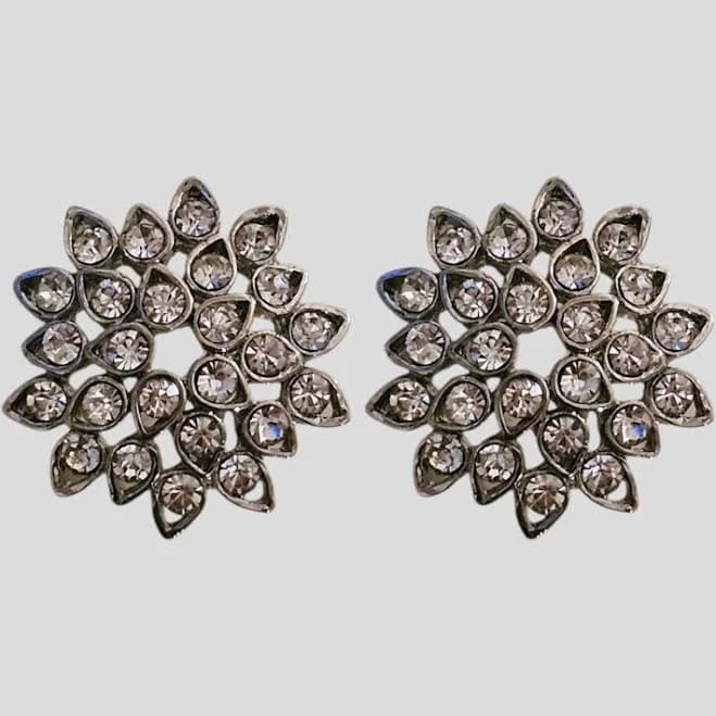 Vintage Rhinestone Cluster Stud Earrings Silver Tone Floral Burst 1"