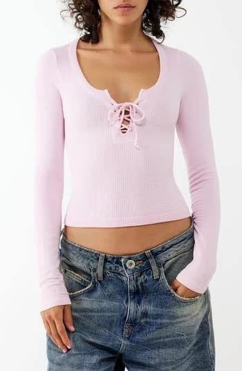 BDG Women's Knockout Long Sleeve Tie Front Crop Top