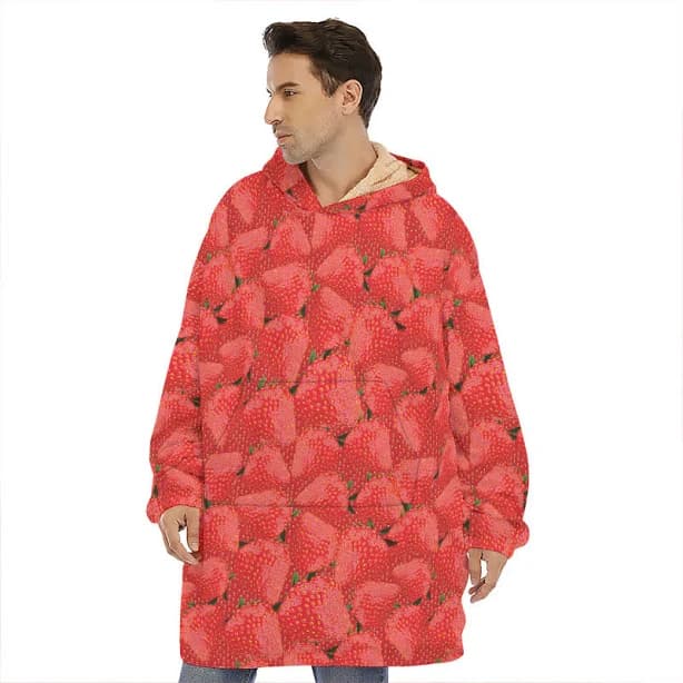 Red Strawberry Pattern Print Hoodie Blanket