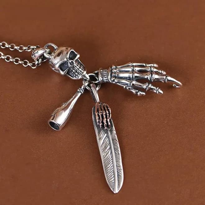 925 Sterling Silver Retro Hip Hop Skull Feather Bone Claw Pendant Necklace for Men