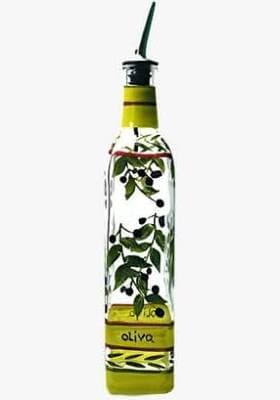 Containly Hand Painted Glass Oliva Branch Oil/Vinegar Glass Cruet for Kitchen, 8 oz Olive Oil Dispenser With Stainless Steel Spout for Easy Pouring