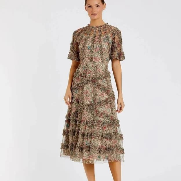 Ieena for Mac Duggal Women's Ruffled Floral Mesh Midi Dress