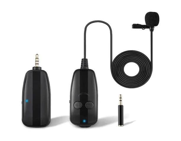 BONAEVER Portable Wireless Lavalier Microphone for iPhone/ Android Phone/Camera 130 ft Range 3.5mm TRRS Output UHF Rechargeable Wireless Lapel Mic for