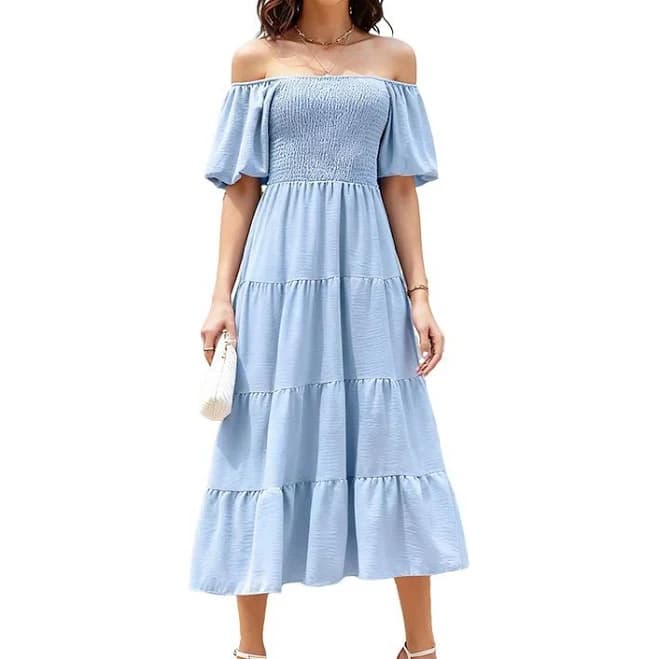 Women's Summer Dress Puff Short Sleeve Square Neck Ruffled Tiered Ruffle Maxi Dress, Size: Large, Light Blue