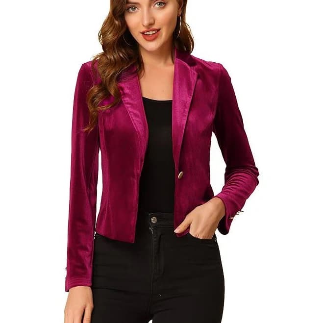 Single Button Velvet Lapel Business Crop Blazer Jacket