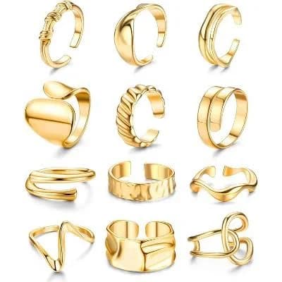 18K Gold Plated Chunky Stacking Ring Set (12 Pcs)