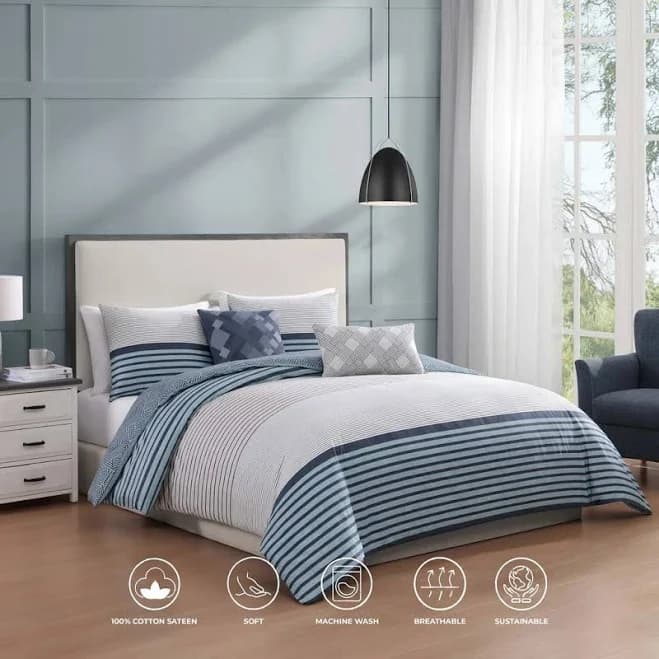 Bebejan Blue Geo Lines 5 Piece Reversible Comforter Set King