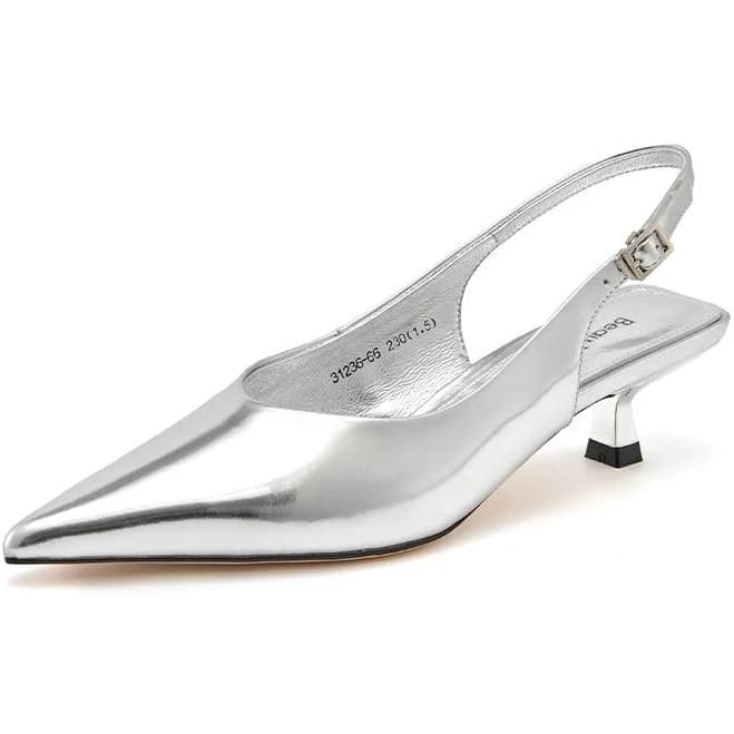 Beautoday Women's Metallic Leather Stiletto Kitten Heel Slingback
