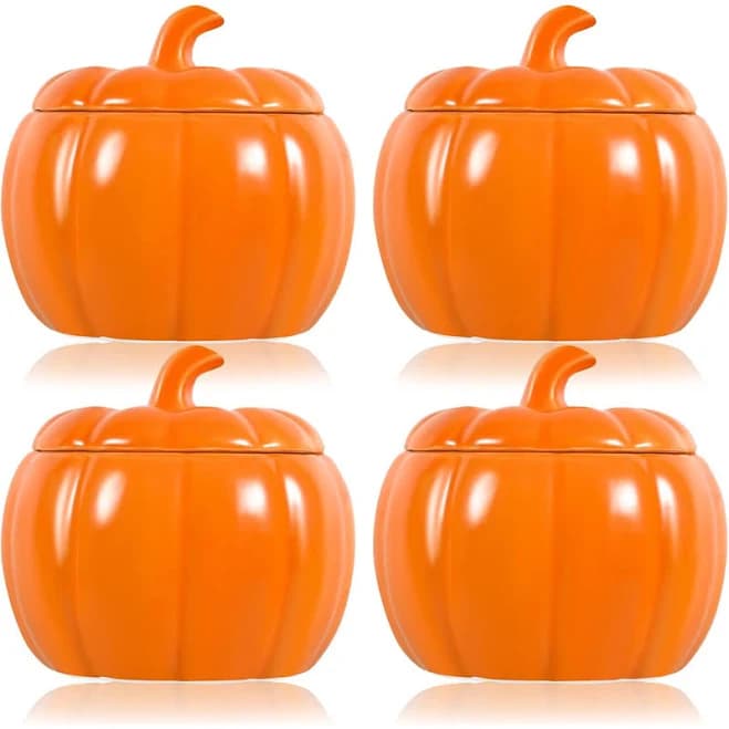 VAIPI 4 Pack Pumpkin Candy Jar Halloween Cookie Jar with Lids Ceramics Pumpkin Bowl Fall Candy Dish Pumpkin Canister Storage Sugar Bowls Snack Containers for Halloween Thanksgiving Party Table Decor