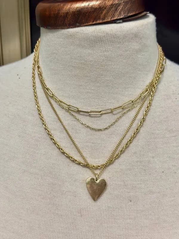 4 Layer Links and Heart Pendant in Worn Gold