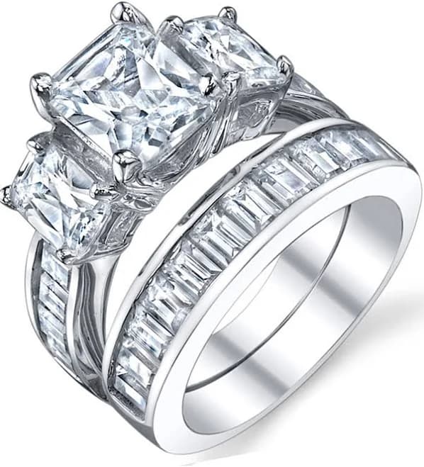 2 Carat Radiant Cut Cubic Zirconia Sterling Silver Engagement Ring Set