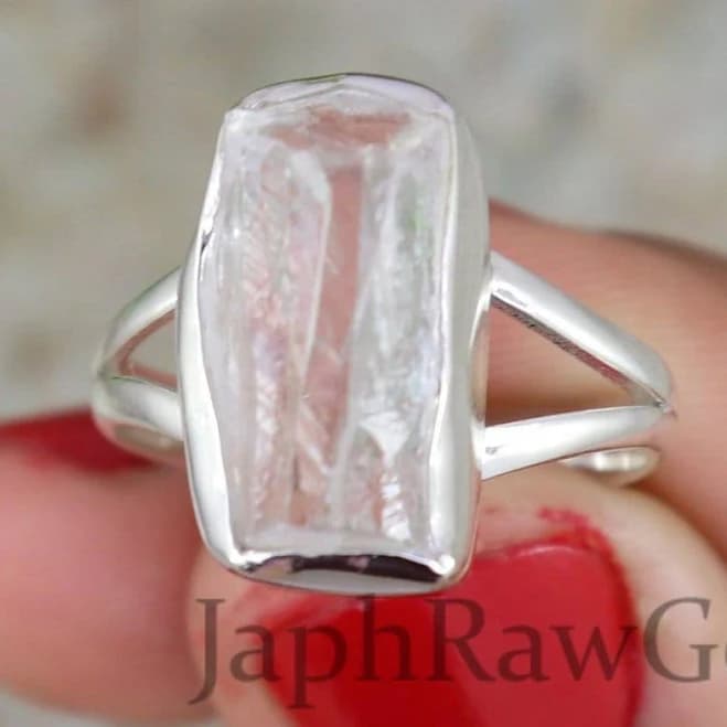 925 Sterling Silver Raw Clear Quartz Uncut Crystal Ring