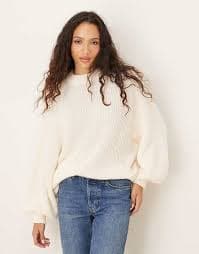 ASOS DESIGN knit oversized sweater with balloon sleeves in ecru white | ASOS