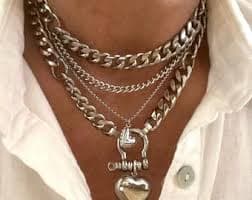 Layer Silver Necklace With Oval Pendant for Women in Stainless Steel and Zamak - Multistrands Lariat Necklace With Chain Pendant - Etsy