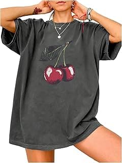 Women's Cherry Graphic Tees Top Crewneck Short Sleeve Baggy T Shirt