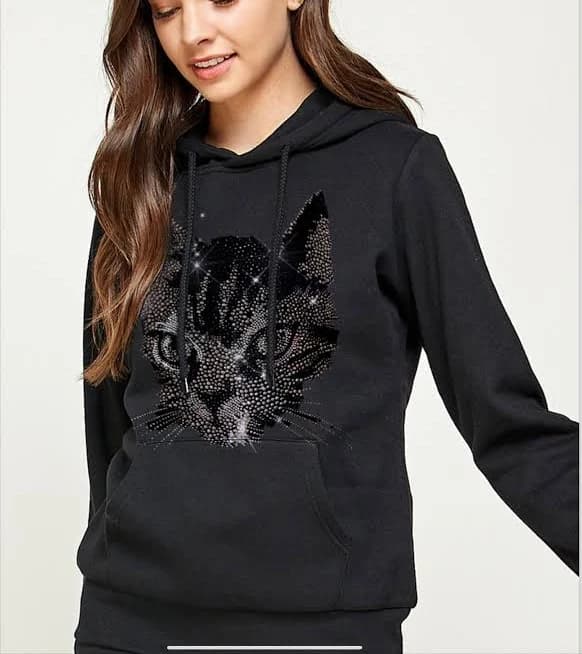 Custom Rhinestone Cat Applique Hoodie