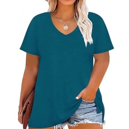 Women's Loose Fit V-Neck Short Sleeve Top with Slit Hem