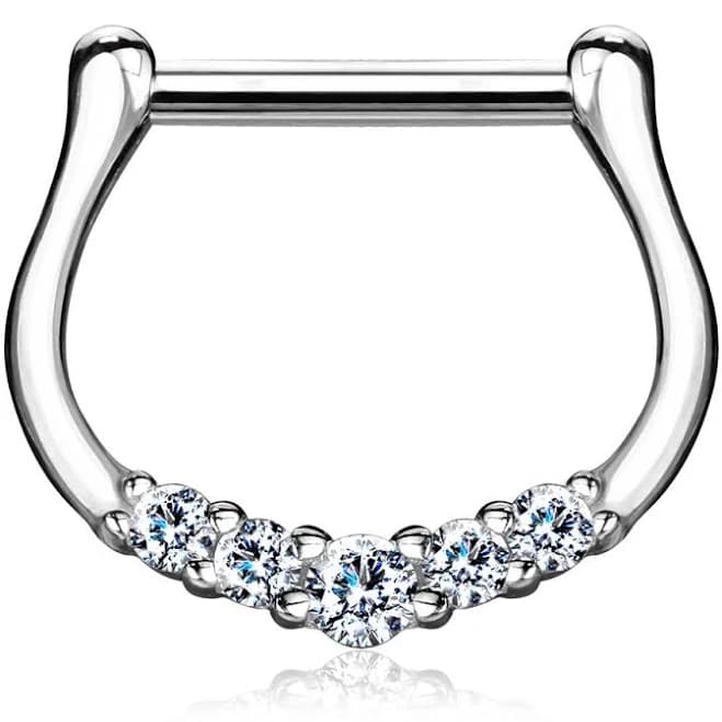 14K Solid Gold Five CZ Septum Clicker Daith Nose Ring