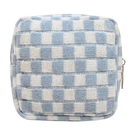 Woolen Yarn Makeup Bag Cosmetic Bag Large Capacity Checkered Travel Toiletry Bag, Sky-blue
