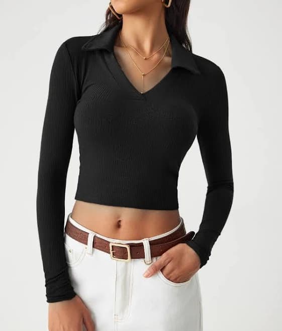 Ribbed Casual Solid Cotton Crop Top Style Collar Long Sleeve For School Work