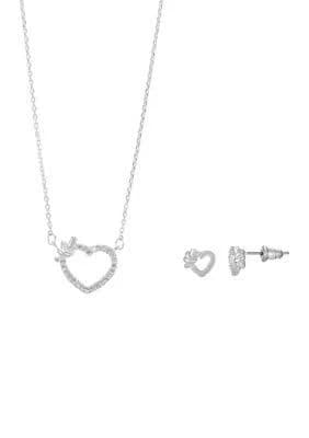 Evie & Emma Lab Grown Silver Tone Clear CZ Open Pave Heart Necklace and Earring Set