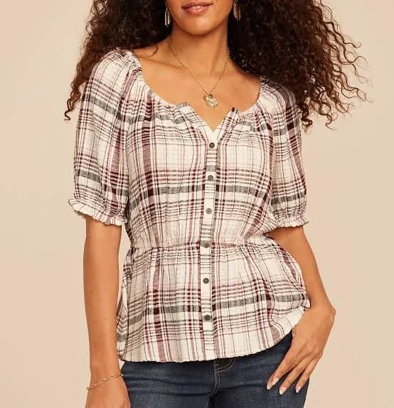 maurices Women's Flannel Plaid Peasant Blouse