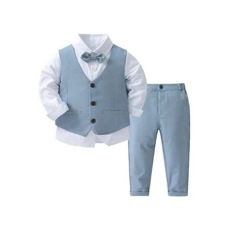 Tssoe Toddler Boys 3Piece Formal Dresswear Suit Long Sleeve Dress Shirt +Tuxedo Vest +Pants Baptism Light Blue 90