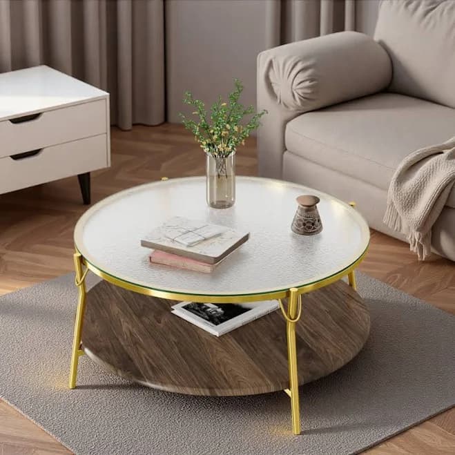 Modern Round Coffee Table With Two-tiered Storage, Gold Base And Glass Top NAND