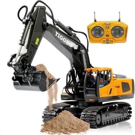 Remote Control Excavator Toy, 11-Channel, Metal Bucket and Lights, Yellow