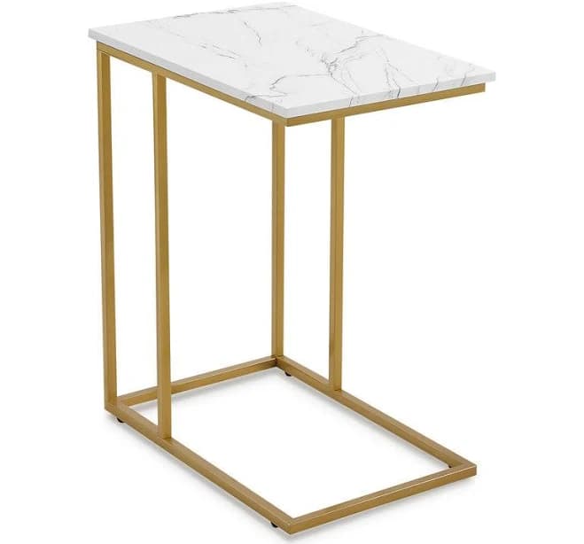 WiberWi Round Side Table, Modern Nightstand End Table with Gold Metal Frame &Faux Marble Top, Accent Bedside Table for Living Room Bedroom Small Spaces with Storage Open Shelf, White