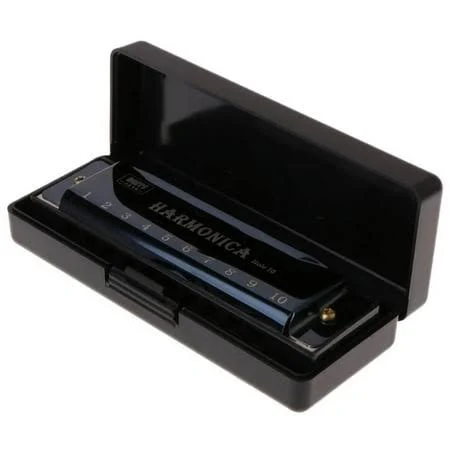(Black) 10 Holes Key Of C Blues Harmonica Musical Instrument Educational Toy With Case