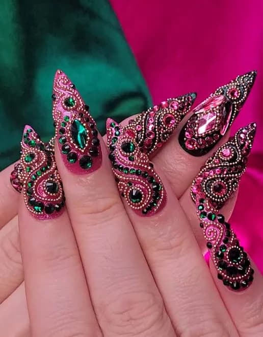 Rhinestone Press-On Nails, Pink & Green Gem Accents