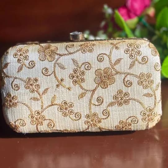 Siera Gold Floral Embroidery Zardozi Clutch Purse