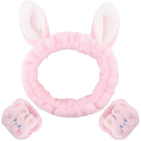Cute Bunny Ears Spa Headband and Wristband Set