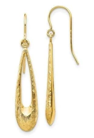14k Yellow Gold Textured Teardrop Dangle Drop Earrings, 5.5mm