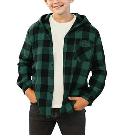 CINVREST Boys Plaid Button Down Shirt Soft Hooded Flannel Shacket Jacket Kids Long Sleeve Fall Spring Christmas Clothes