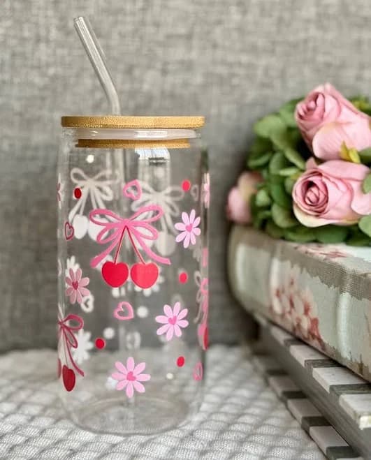 Pink Bows & Cherries Clear Glass Drink Cup w/ Wood Lid & Glass Straw 16oz