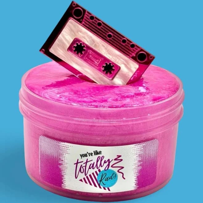 You're like totally rad, 80's themed Valentine's Day slime, magenta chrome coated clear slime, scented like Phlur mood ring, cassette charm