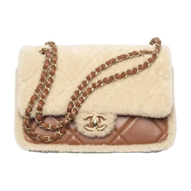 Chanel Flap Bag Shearling Lambskin & Gold Beige Brown