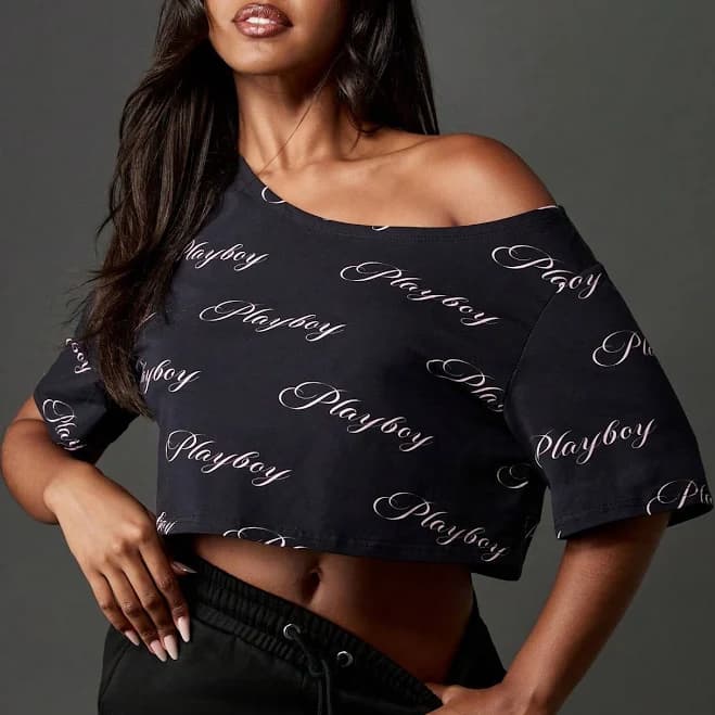 Missguided Off Shoulder Script Print Crop Top