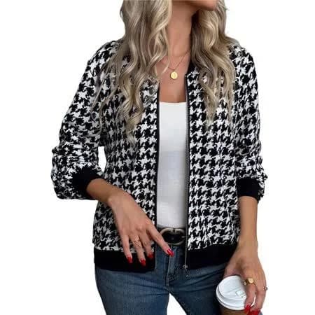 Trjgtas Womens Houndstooth Zip Up Jacket Casual Wool Coats Fashion Fall Outfits for Women Black XL, Women's, White