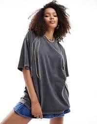 ASOS DESIGN oversized T-shirt with silver embellished necklace in washed charcoal | ASOS