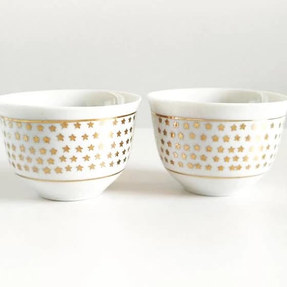 2 Porcelain Cups, 2.2oz, 65ml, 2 Chinese Tea Cups, Small Tea Cups, Porcelain Tea Cups, White with Gold Stars
