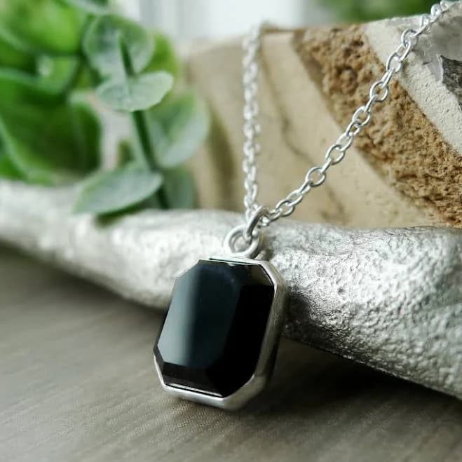 Sterling Silver Emerald Cut Onyx Necklace