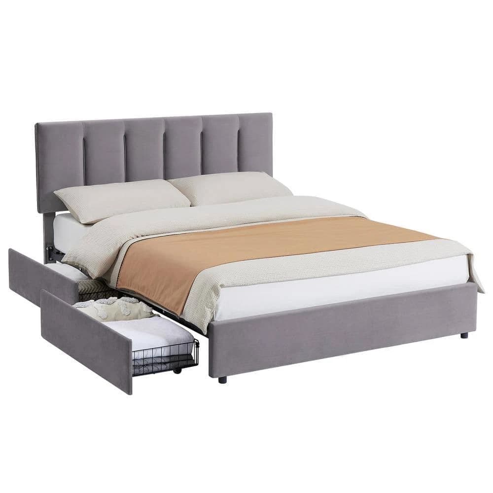 Upholstered Bed Frame with 4-Storage Drawers and Adjustable Headboard
