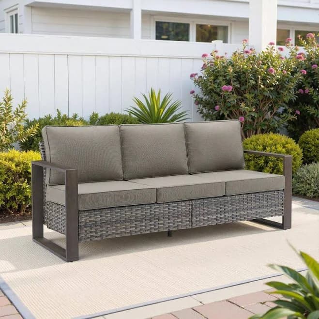 Gymojoy Allcot Gray Wicker Outdoor 3-Seat Sofa Couch with Deep Seating and Gray Cushions