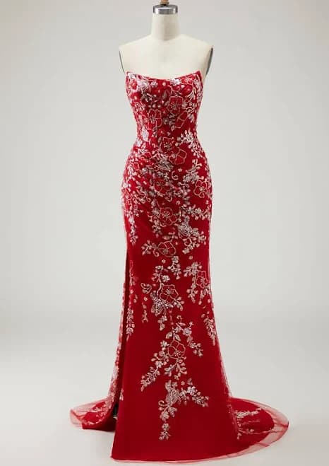 Berylove Women's Strapless Mermaid Prom Dress with Sequins and Slit