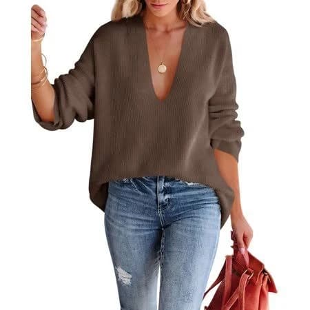 Women's Oversized Deep V Neck Long Sleeve Knit Sweater