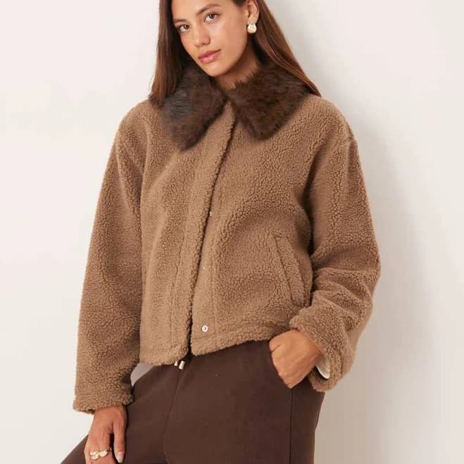 ASOS Design Borg Fleece Jacket with Leopard Faux Fur Collar