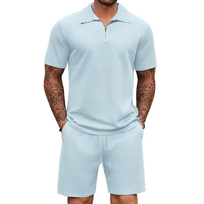 COOFANDY Mens Tracksuit Casual 2Piece Quarter Zip Polo Shirt and Shorts Set Athletic Jogging Sports, Men's, Size: XXL, Light Blue